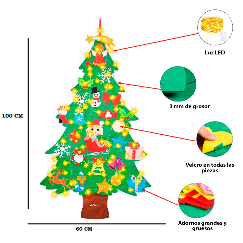 Mi Árbol Navideño - Árbol de Navidad de Fieltro con 25 Adornos Adhesivos + Luces Led