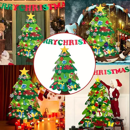 Mi Árbol Navideño - Árbol de Navidad de Fieltro con 25 Adornos Adhesivos + Luces Led