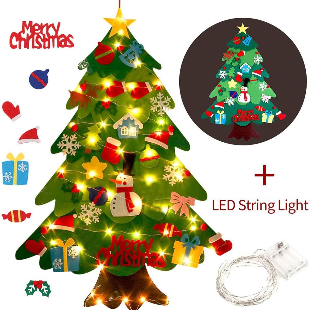 Mi Árbol Navideño - Árbol de Navidad de Fieltro con 25 Adornos Adhesivos + Luces Led