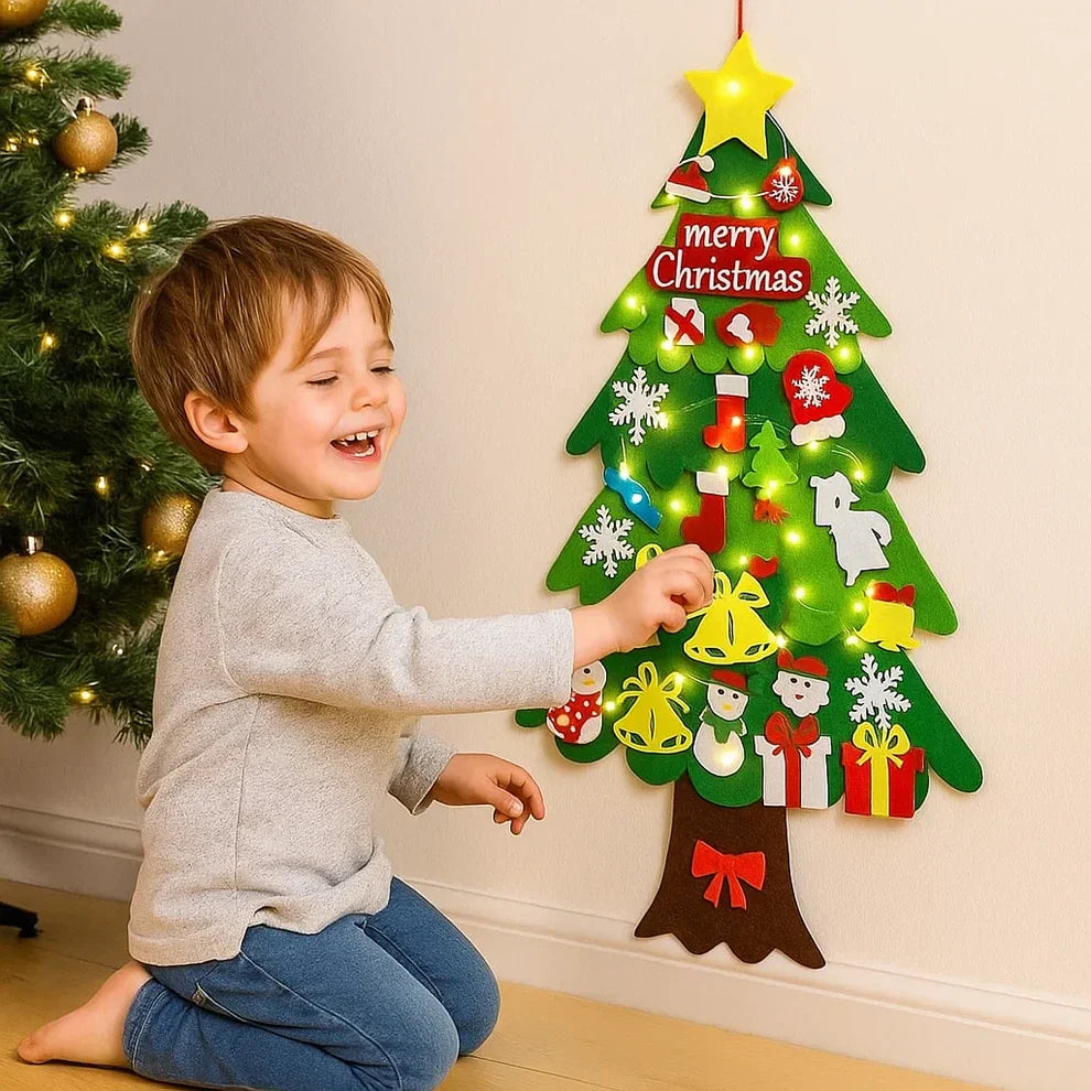 Mi Árbol Navideño - Árbol de Navidad de Fieltro con 25 Adornos Adhesivos + Luces Led